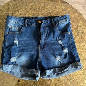 Shein Womens Blue Denim Distressed Cuffed Jean Shorts Size Large EUC